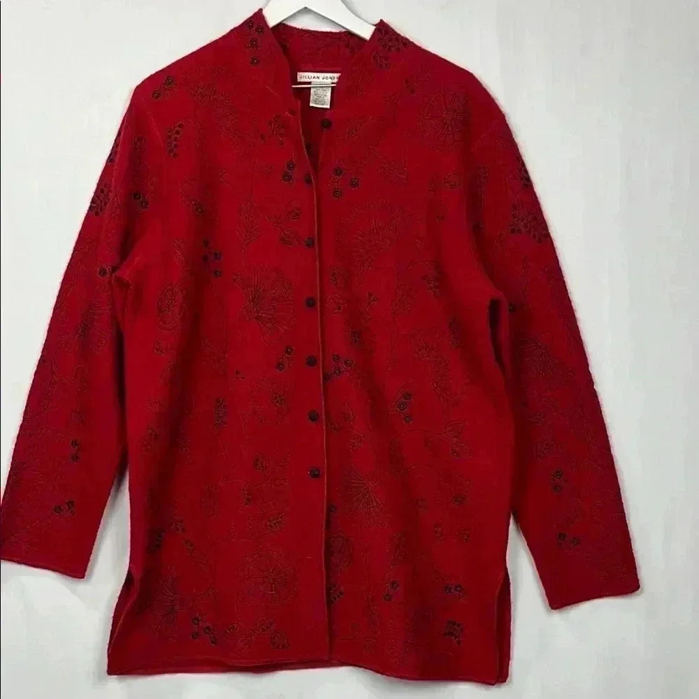 Jillian Jones Womens Tunic Red/Black XL Vintage Mid-Length Embroidery Button Up